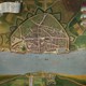 Bij de aanleg van de nevengeul bij Lent is veel archeologisch onderzoek gedaan. Daarbij werden delen van het verdwenen fort Knodsenburg blootgelegd, zoals hier te zien op een vogelvlucht uit 1668, helemaal onderaan. © Via Collectie Gelderland, Museum het Valkhof