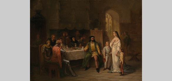 Anno 1343. Eleonora van Engeland voorspelt Reinoud van Gelre de rampen van zijn huis, Hendrik Jacobus Scholten, 1839 - 1897.