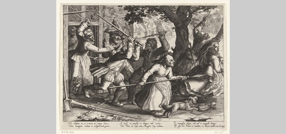 Geweld van boeren, boeren met wapens jagen rijken uit hun woning, Boëtius Adamsz. Bolswert, naar David Vinckboons (I), 1610
