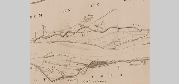 Uitsnede uit de kaart van Beijering met de dijkdoorbraken bij Weurt