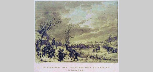 Overtocht in winters landschap over de rivier de Waal van de Fransen in 1795.