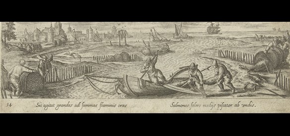 Visvangst met fuiken. Philips Galle (toegeschreven aan atelier van), naar Hans Bol, 1582 – 1633.