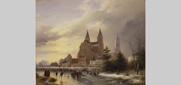 Gezicht op de Walburgiskerk en de Eusebiuskerk of Grote kerk te Arnhem (1830)