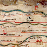 Een deel van de Peutingerkaart, gebaseerd op een Romeinse wegenkaart. Rechtboven Noviomagi (Nijmegen), linksboven Ad Duodecumum © PD