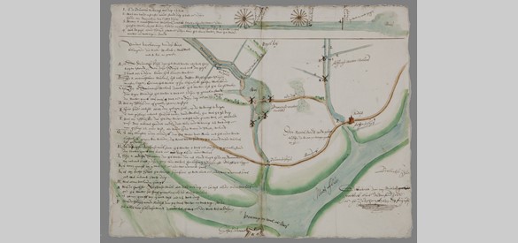 Kaart Nicolaas Geelkercken uit 1633, naar aanleiding van de ruzie tussen Geërfden van de Molenpolder Dreumel-Alphen-Wamel en de molenbouwers
