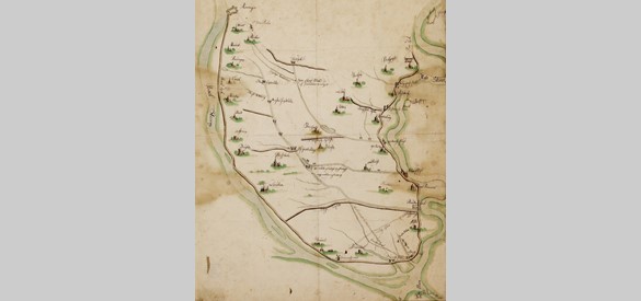 Kaart van de weteringen in het westen van Maas en Waal uit 1649