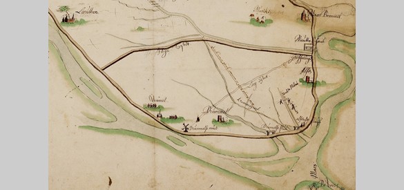 De ‘Zak van Maas en Waal’. Uitsnede van kaart van de weteringen in het westen van Maas en Waal uit 1649