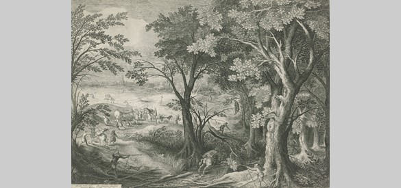 Struikrovers overvallen reizigers in een landschap, Jan van Londerseel, naar David Vinckboons (I), 1601 – 1652