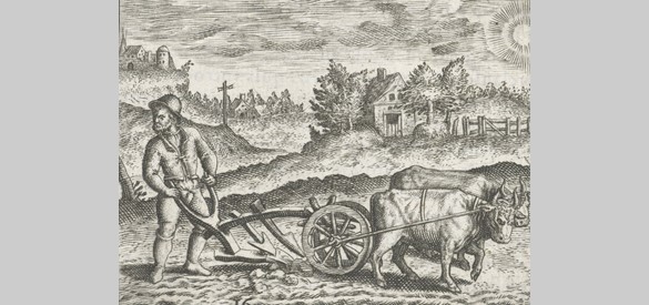 Boer bewerkt zijn land met een ploeg, door Theodor de Bry (1596)
