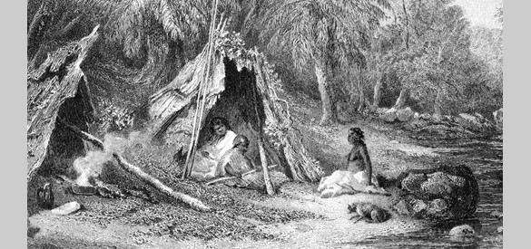 Een negentiende-eeuwse gravure van een inheems kampement in Australië