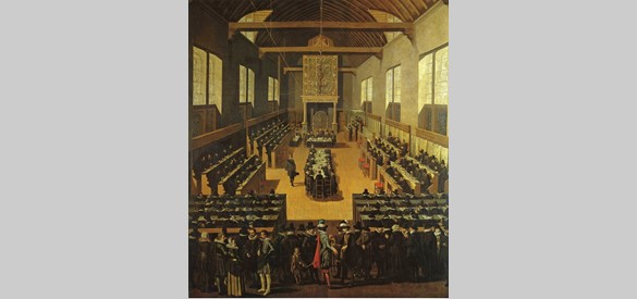 De vergadering van de Nationale Synode in de Sebastiaansdoelen in Dordrecht (1618-1619), door Pouwels Weyts de Jonge