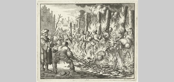Achttien ketters te Salzburg verbrand in 1528, door Jan Luyken (1685)