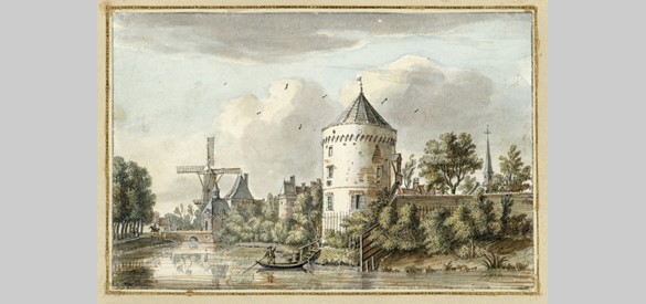 Tekening Jan de Beijer (1752): “Kuijlemborg aan de cingel te sien”. Gezicht op de singelgracht  met links de Lekpoort.
