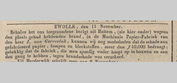 Krantenbericht 11 november 1841 over de brand in de 'Machinale Papier-Fabriek'