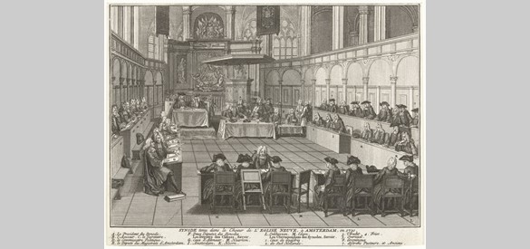 Synode gehouden in het koor van de Nieuwe Kerk in Amsterdam, Bernard Picart, 1730.