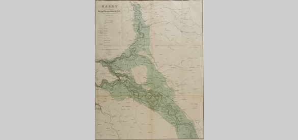 Dijkdoorbraken en overstromingen: Kaart van de overstromingen langs den Duitschen Rijn en den Gelderschen IJssel, veroorzaakt door de doorbraken in maart 1855.