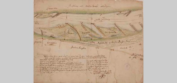 Bevaarbaar maken van de IJssel: Een gedeelte van IJssel onder Westervoort, 20 juli 1653. Deze kaart is gemaakt naar aanleiding van een geschil tussen A.van Dans en de erven J. Schlaun over kribben en zandaanwinning.