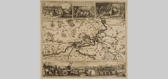 Verdedigingslinie: Vastelavonts tocht: De veldtocht van graaf Hendrik van den Berg tussen 15 en 23 februari 1624 in Gelderland. Op deze prent is de veldtocht van graaf Hendrik van den Bergh tussen 15-23 februari in 1624 in Gelderland bij Dieren te zien.