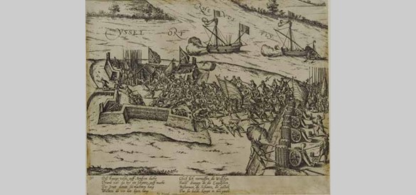 Verdedigingslinie: Belegering en verovering op 15 okt.1585 van fort IJsseloord (verdedigd door Verdugo) aan de Rijn door troepen o.l.v. de graaf van Meurs en Nieuwenaar.