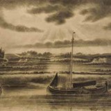 Schepen: Gezicht vanaf de wal te Doesburg op de Rouwen- en Prins Willems- en Carolinenberg, 1854. © J.F. Tack, Gelders Archief (1551-GM 09241), PD. 