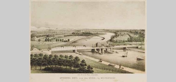 Bruggen: Spoorweg-brug over den IJssel bij Westervoort, ca. 1857-1870. Van Arnhem liep via Westervoort de weg naar Emmerich. De verbinding tussen Westervoort en Arnhem werd eerst onderhouden met het Westervoortse of IJsseloordse veer.