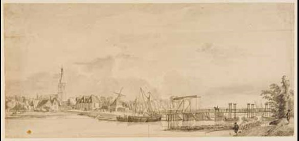 Bruggen: Gezicht op Doesburg, de schipbrug (ophaalbrug) over de IJssel, 1700-1800. In 1642-1643 werd het veer bij Doesburg vervangen door een schipbrug.