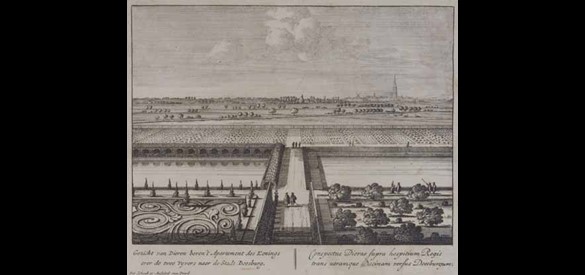Kastelen en buitenplaatsen: Gezicht van Dieren boven ’t appartement des konings over de twee vijvers naer de stadt Doesburg, 1698-1746.