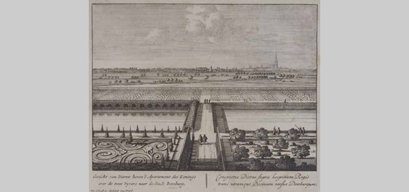 Kastelen en buitenplaatsen: Gezicht van Dieren boven ’t appartement des konings over de twee vijvers naer de stadt Doesburg, 1698-1746.