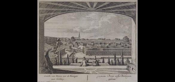 Kastelen en buitenplaatsen: "Gezicht van Dieren over de Plantagie naer Doesburg," 1698-1746. In de 17de eeuw werd zowel het huis als de tuin van Hof te Dieren onder handen genomen onder leiding van koning-stadhouder Willem III