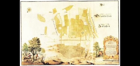 Kastelen en buitenplaatsen: "Generale Caart van de Adelyke Hovesate Middagten." Op deze kaart van het landgoed Middachten is rechtsboven de IJssel te zien met links daarvan kasteel Middachten.