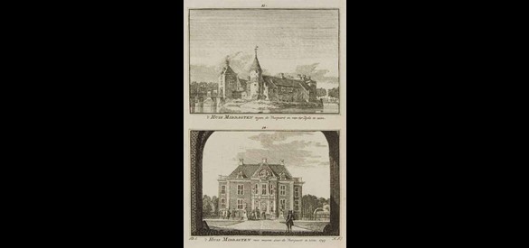 Kastelen en buitenplaatsen: ’t Huis Middachten tegen de voorpoort en van ter zijde te zien, 1745. Huis en landgoed Middachten bij De Steeg worden in 1190 voor het eerst genoemd.