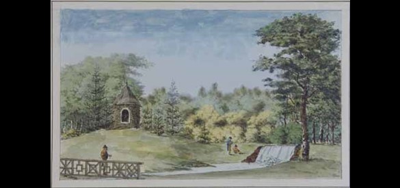 Kastelen en buitenplaatsen: Cascades met de Heremitagie achter Biljoen, ca 1790.