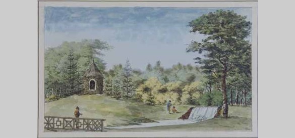 Kastelen en buitenplaatsen: Cascades met de Heremitagie achter Biljoen, ca 1790.
