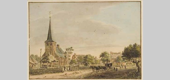 Dorpen: Westervoort – Kerk en postwagen van Keulen naar Arnhem, 1742. Op deze tekening is de kerk prominent in beeld gebracht.