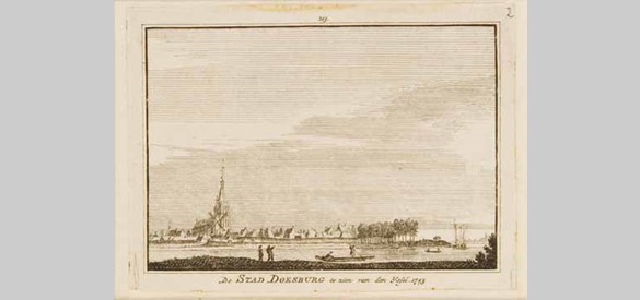 Dorpen: De stad Doesburg te zien van den IJssel, 1743. Doesburg is naast Bronkhorst de enige stad tussen Arnhem en Zutphen