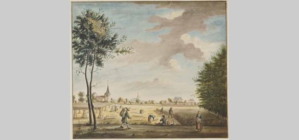 Dorpen: Ellecom – kerk en huis Avegoor, 1778. Van Elten heeft het boerenland in de buurt van Ellecom met op de voorgrond de grote weg van Zutphen naar Arnhem weergegeven.