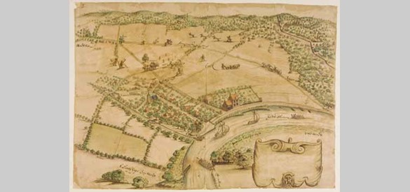Dorpen: Het Rheder-veer aan de IJssel tegenover de Valeweerd, met gezicht op de Rheder Enck, het Rhederbos, de Wildbaan en Rheden, ca 1690.
