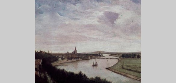 Schilderij met als voorstelling een gezicht op Arnhem vanaf Bovenover .