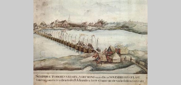 Tekening van de schipbrug van de Kozakken bij Veessen.