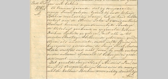 De akte voor de vrijheid van Andries, notaris mr. H.B. van Daalen, nr. 25, d.d. 13 maart 1823, GAW, Notariële Archieven, inv.nr. 1568.