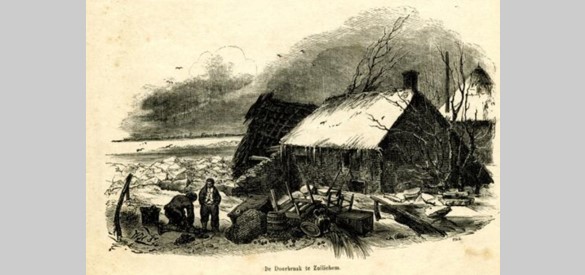 Prent van de watersnoodramp van 1861 in de Bommelerwaard.
