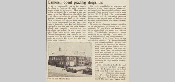 De Bommelerwaard van 28 februari 1956 (p.1), artikel over het dorpshuis van Gameren