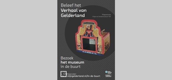 Promotie voor de Gelderse musea met daarop de Flipposcoop uit het Flipje en Streekmuseum Tiel