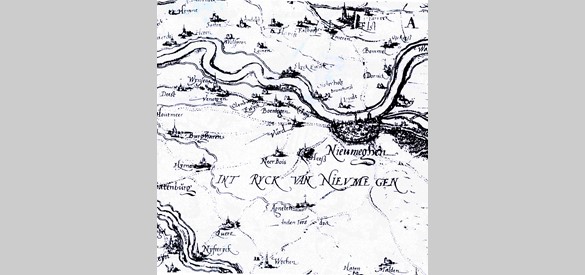 Rijck van Nieuwmegen, kaart uit ca. 1550 met linksonder Luere