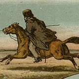 Een Donsche Kozak, die over de woeste steppen de vluchtende Franschen achterna zit © Bron: dbnl, Detail afbeelding uit: De nieuwe rarekiek van den ouden korporaal Smit (1877) - PDM