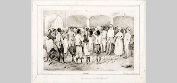 Théodore Bray, 'Le partage de Bakkeljauw' (16 april 1843). Op de afbeelding wordt bakkeljauw (gedroogde vis) aan de slaafgemaakten uitgedeeld.