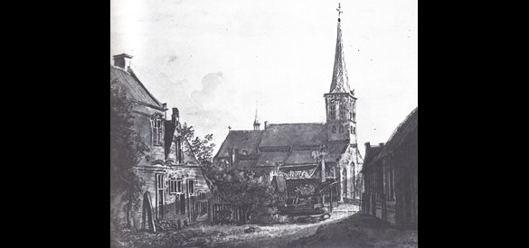De vroegere Grote- of St. Catharinakerk van Nijkerk, aan het begin van de achttiende eeuw (getekend door P. van Liender).