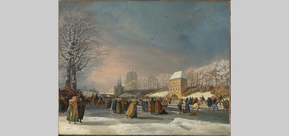 Schaatswedstrijd voor vrouwen op de Stadsgracht in Leeuwarden, 21 januari 1809, Nicolaas Baur, 1809