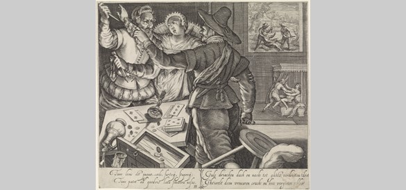'Kaaertspelers met getrokken wapens', Jacob Matham, 1619-1625
