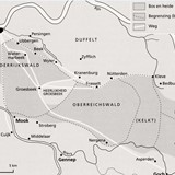 Alle bosgebieden op het kaartje horen in de Middeleeuwen bij het Ketelwoud. De Heerlijkheid Groesbeek ligt er middenin. © Uit: K. Brouwer, een notabel domein (p. 54)
